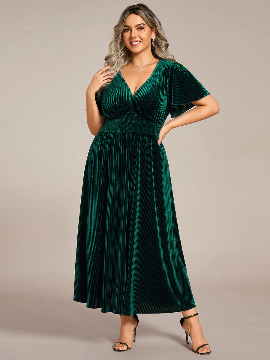 ever AZALEA|Striped Velvet Flutter Sleeves V-Neck Midi Wedding Guest Dress - Image 9