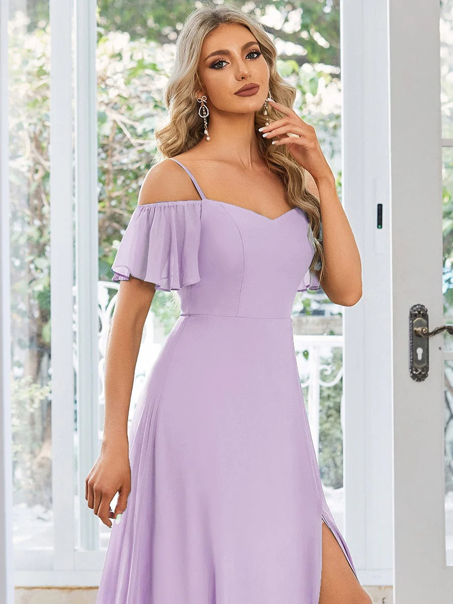 ever REYA|Stylish Cold-Shoulder Floor Length Dress with Side Slit in Dusty Blue - Image 14