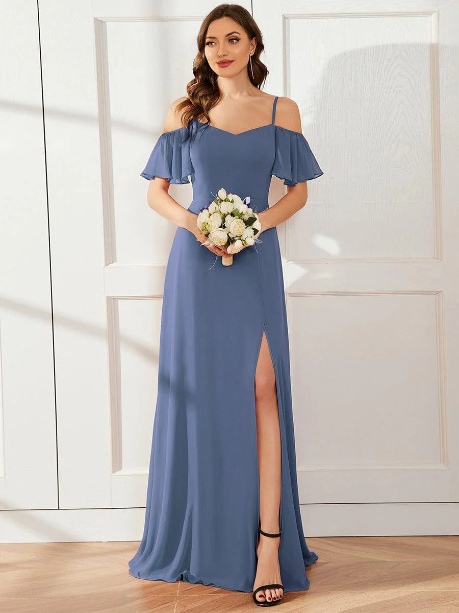 ever REYA|Stylish Cold-Shoulder Floor Length Dress with Side Slit in Dusty Blue - Image 2