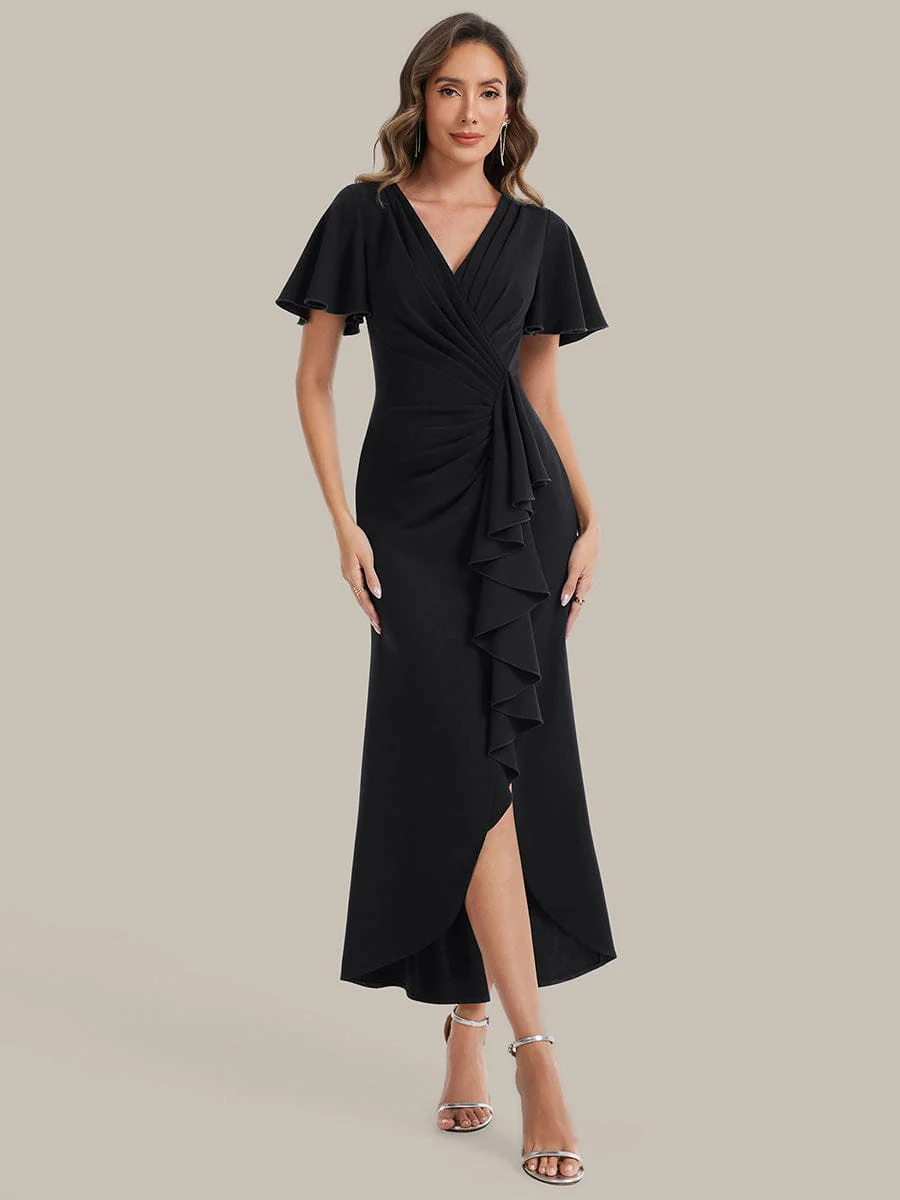 Thigh-High Slit Knit Ruffle Sleeve Dress - Image 11
