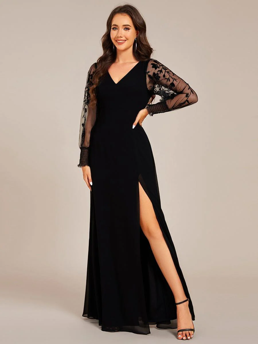 ever RYLEE|Thigh Split Chiffon Evening Maxi Dress With Sheer Embroidered Long Sleeves - Image 5