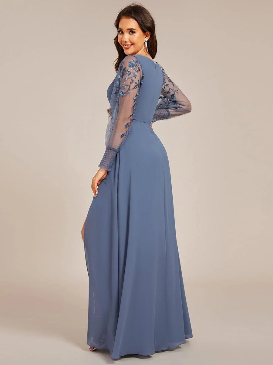 ever RYLEE|Thigh Split Chiffon Evening Maxi Dress With Sheer Embroidered Long Sleeves - Image 8