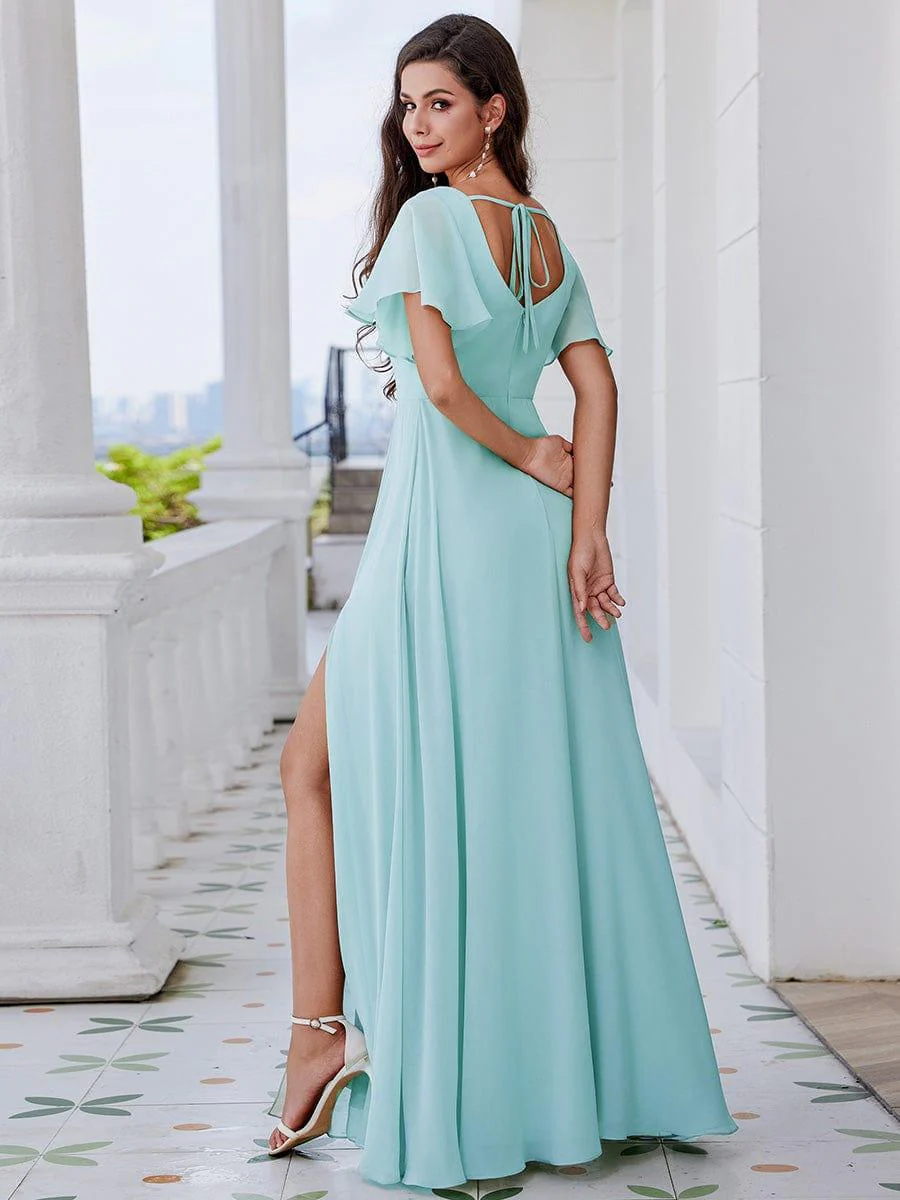 U-Neck Ruffle Sleeve High Slit A-Line Bridesmaid Dress with Back Tie - Image 7