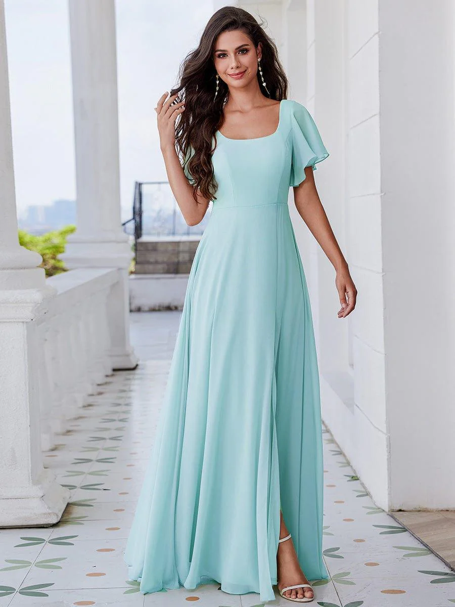 U-Neck Ruffle Sleeve High Slit A-Line Bridesmaid Dress with Back Tie - Image 9