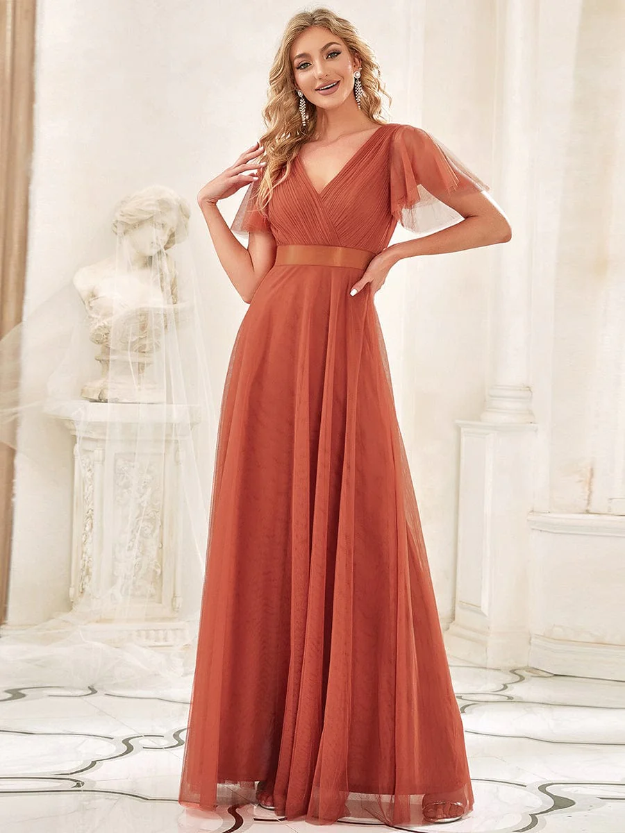 ever MISTE|Double V-Neck Tulle Floor-Length Bridesmaid Dress - Image 18
