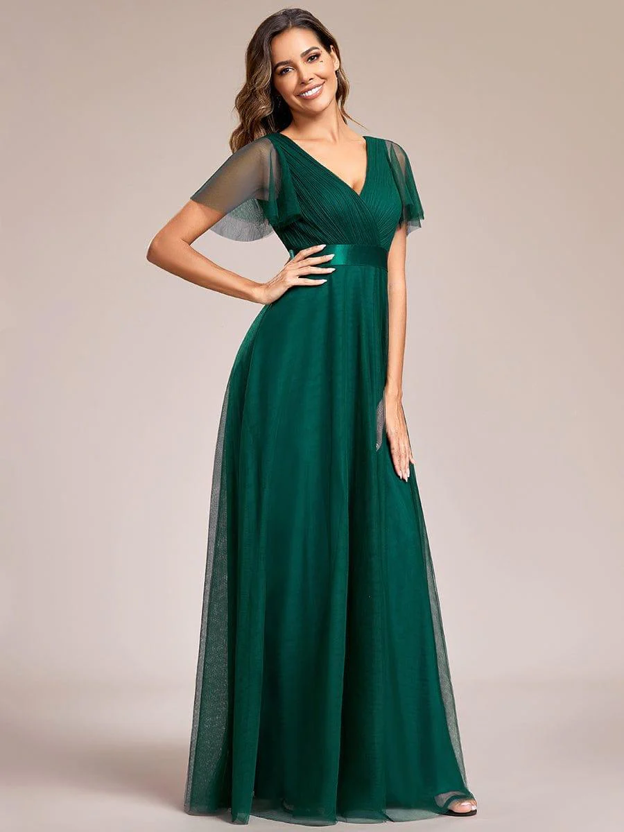 ever MISTE|Double V-Neck Tulle Floor-Length Bridesmaid Dress - Image 36