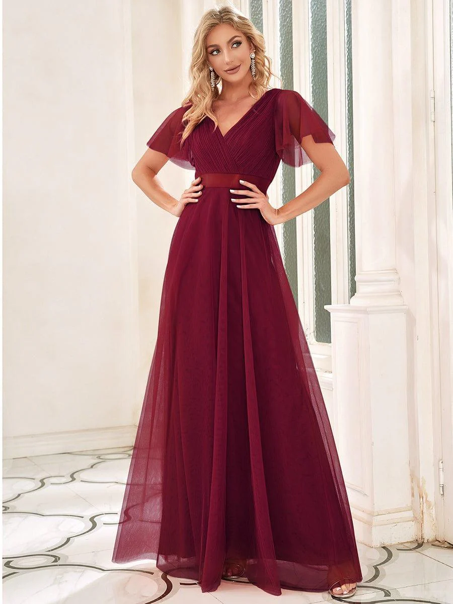 ever MISTE|Double V-Neck Tulle Floor-Length Bridesmaid Dress - Image 58
