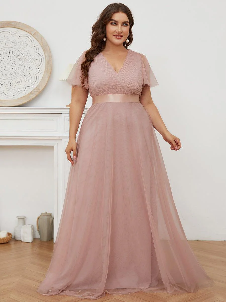 ever MISTE|Double V-Neck Tulle Floor-Length Bridesmaid Dress - Image 49