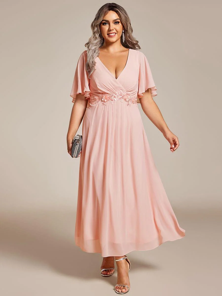 ever DAHLIA|V-Neck Chiffon Midi Dress with Waist Applique In Pink(Final Sale) - Image 6