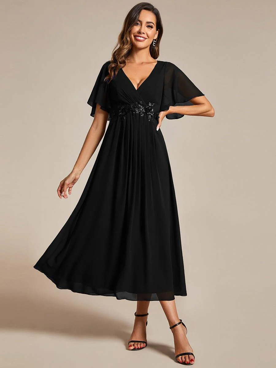 ever DAHLIA|V-Neck Chiffon Midi Wedding Dress with Waist Applique(Final Sale) - Image 9