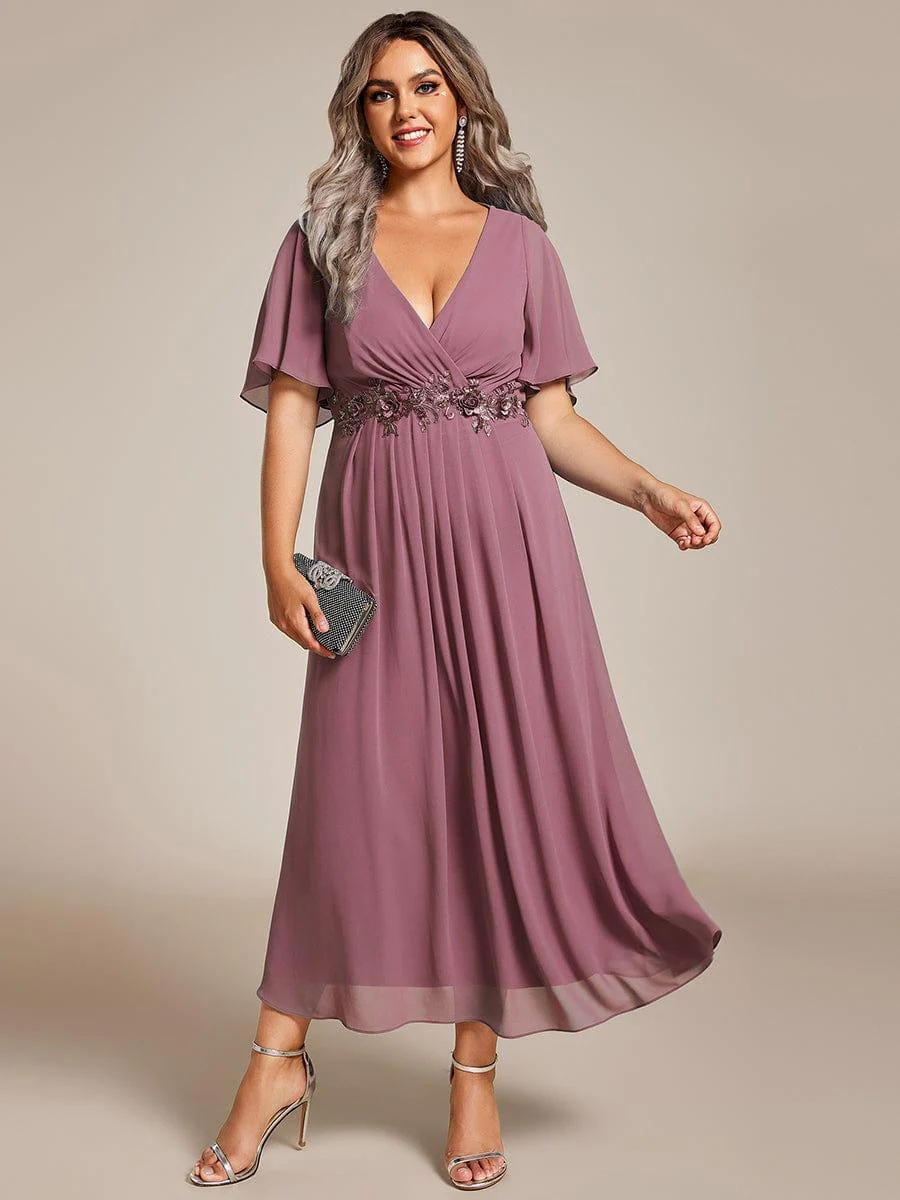 ever DAHLIA|V-Neck Chiffon Midi Wedding Guest Dress with Waist Applique(Final Sale) - Image 103
