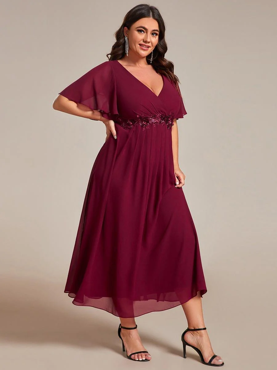 ever DAHLIA|V-Neck Chiffon Midi Wedding Guest Dress with Waist Applique(Final Sale) - Image 12