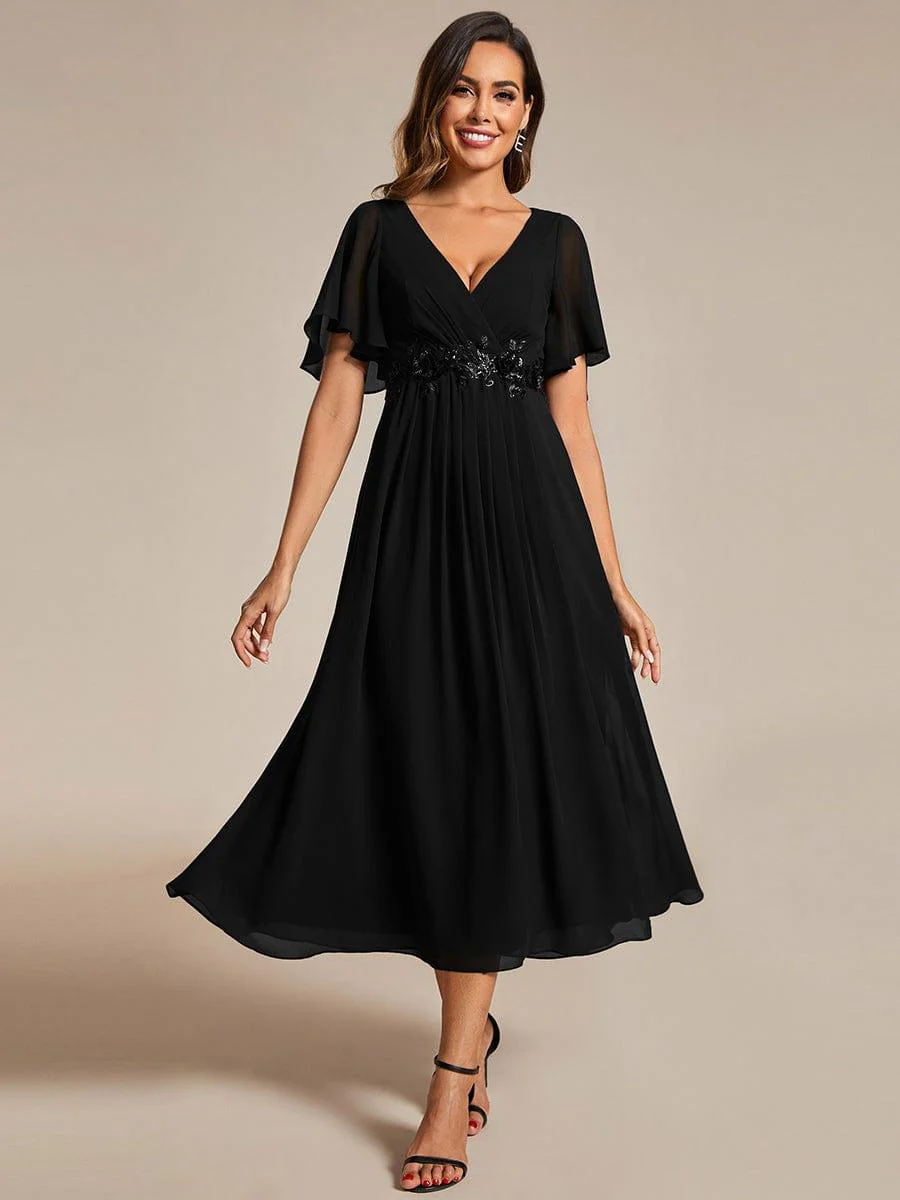 ever DAHLIA|V-Neck Chiffon Midi Wedding Guest Dress with Waist Applique(Final Sale) - Image 19