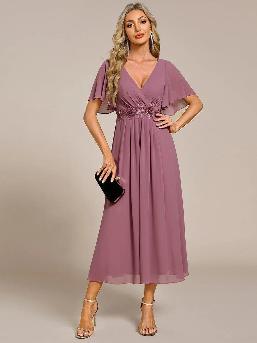 ever DAHLIA|V-Neck Chiffon Midi Wedding Guest Dress with Waist Applique(Final Sale) - Image 3