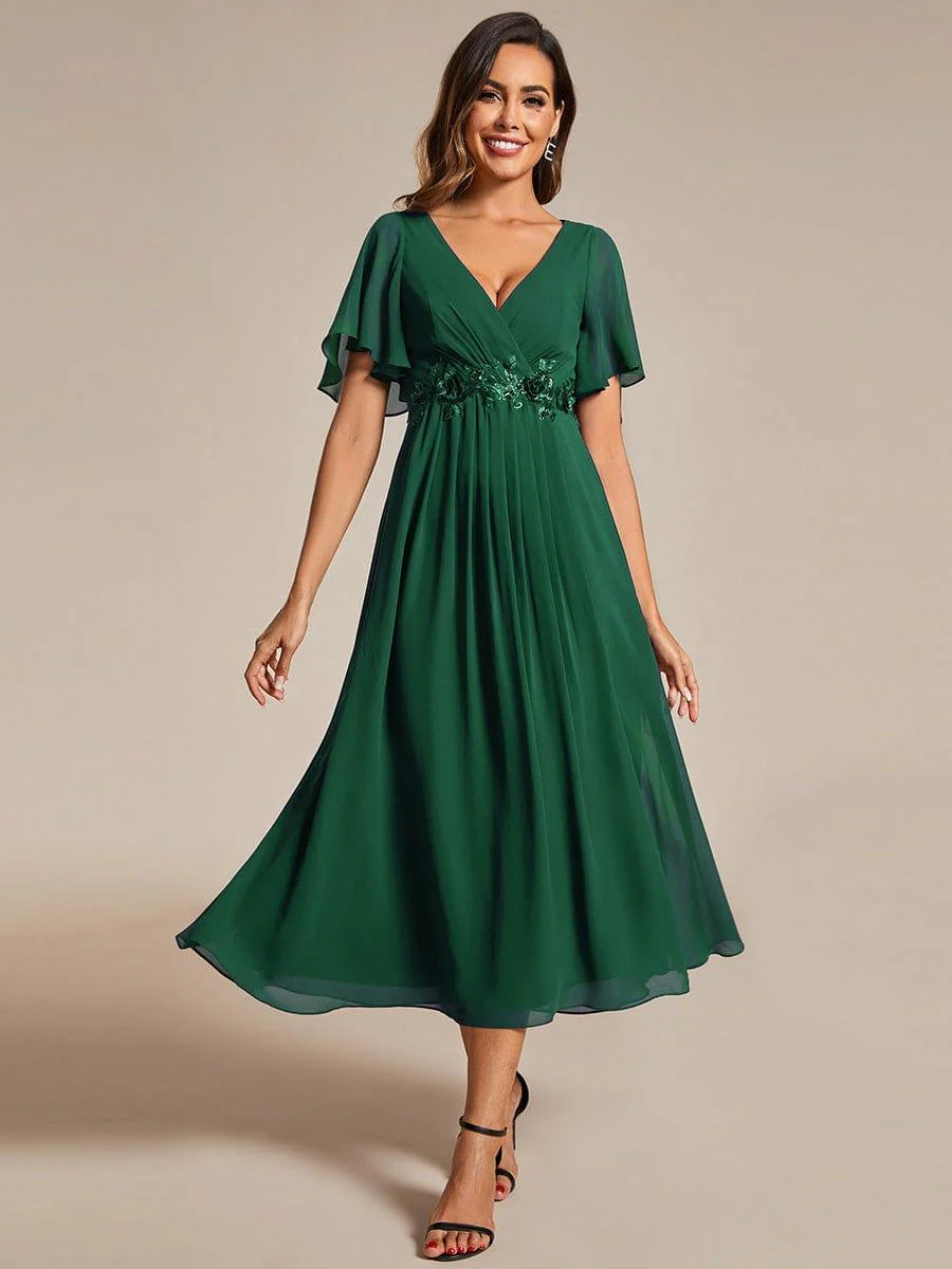 ever DAHLIA|V-Neck Chiffon Midi Wedding Guest Dress with Waist Applique(Final Sale) - Image 57