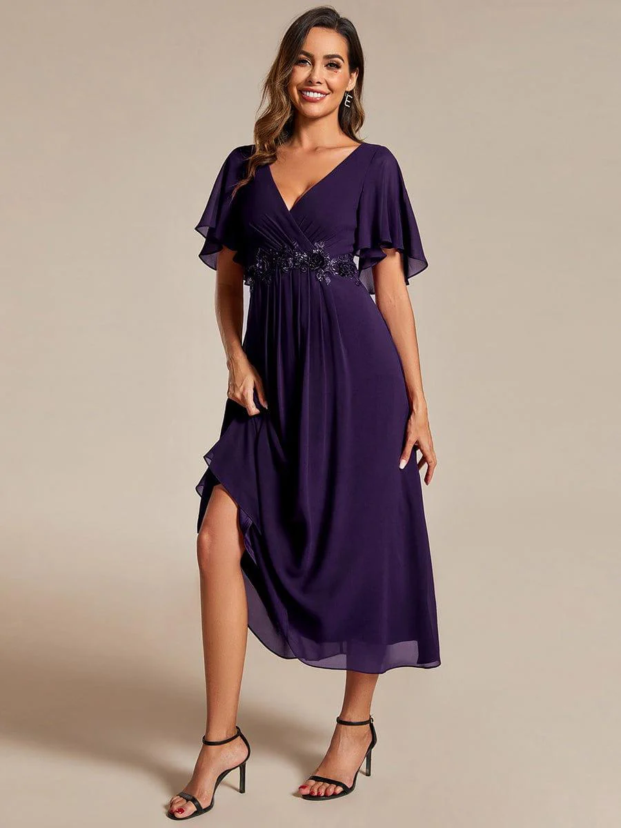 ever DAHLIA|V-Neck Chiffon Midi Wedding Guest Dress with Waist Applique(Final Sale) - Image 64