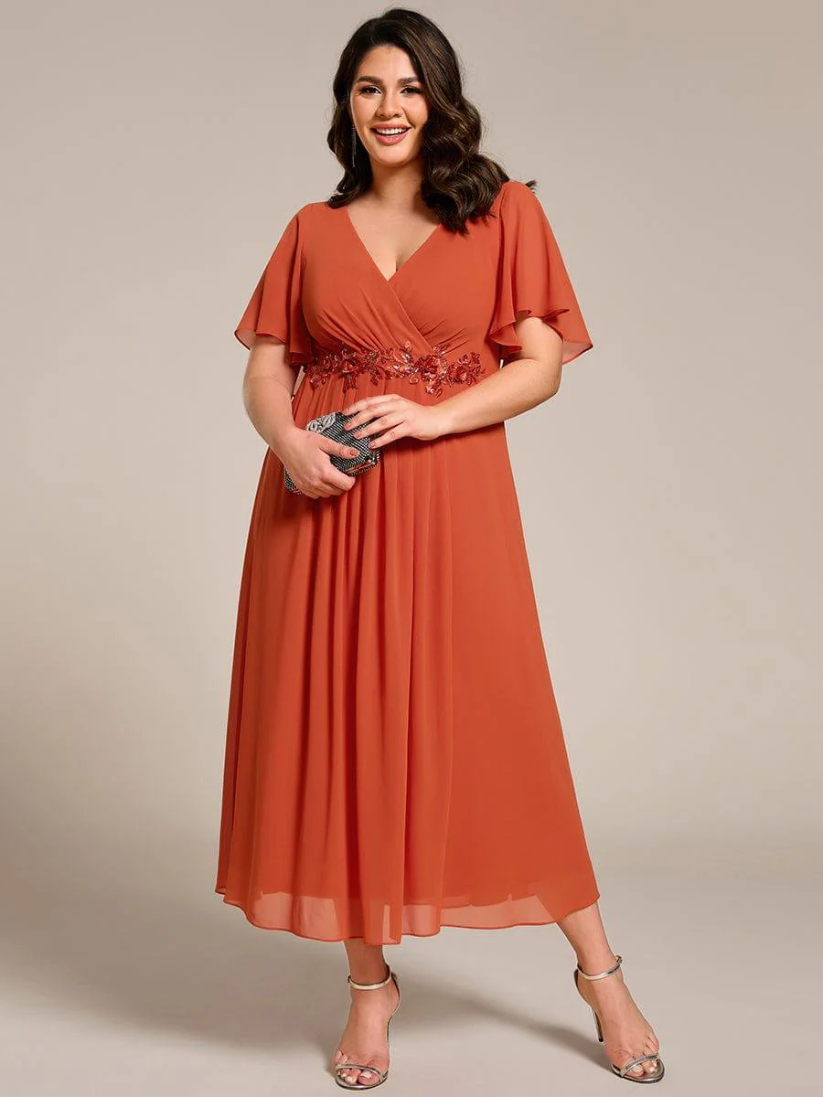 ever DAHLIA|V-Neck Chiffon Midi Wedding Guest Dress with Waist Applique(Final Sale) - Image 86