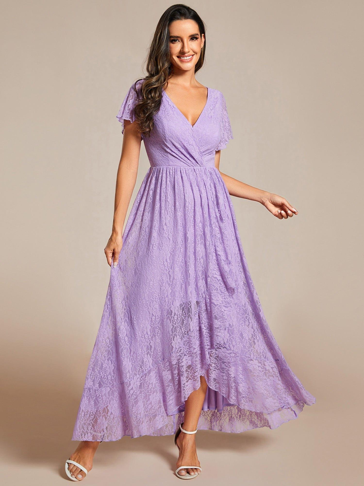 ever ELISE|V-Neck Lace High-Low Evening Dress with Short Sleeves - Image 12