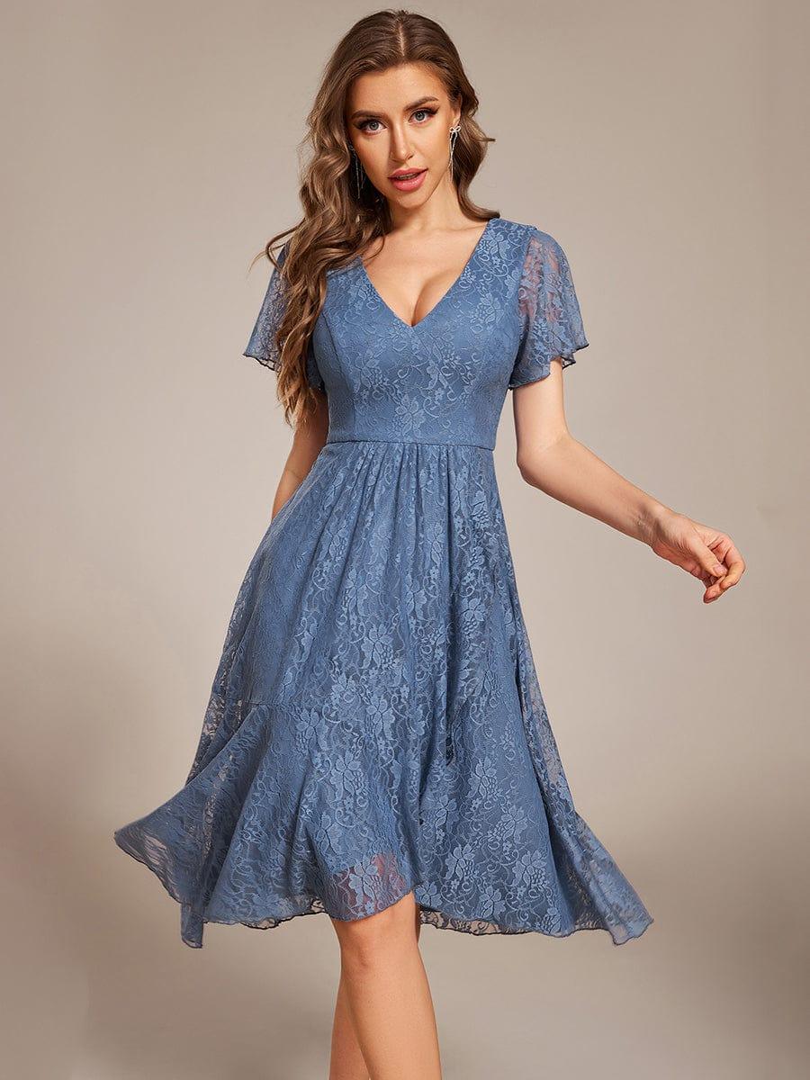 ever PALOMA|V-Neck Lace Lotus Leaf Ruffles Sleeve Midi Length Evening Dress - Image 13