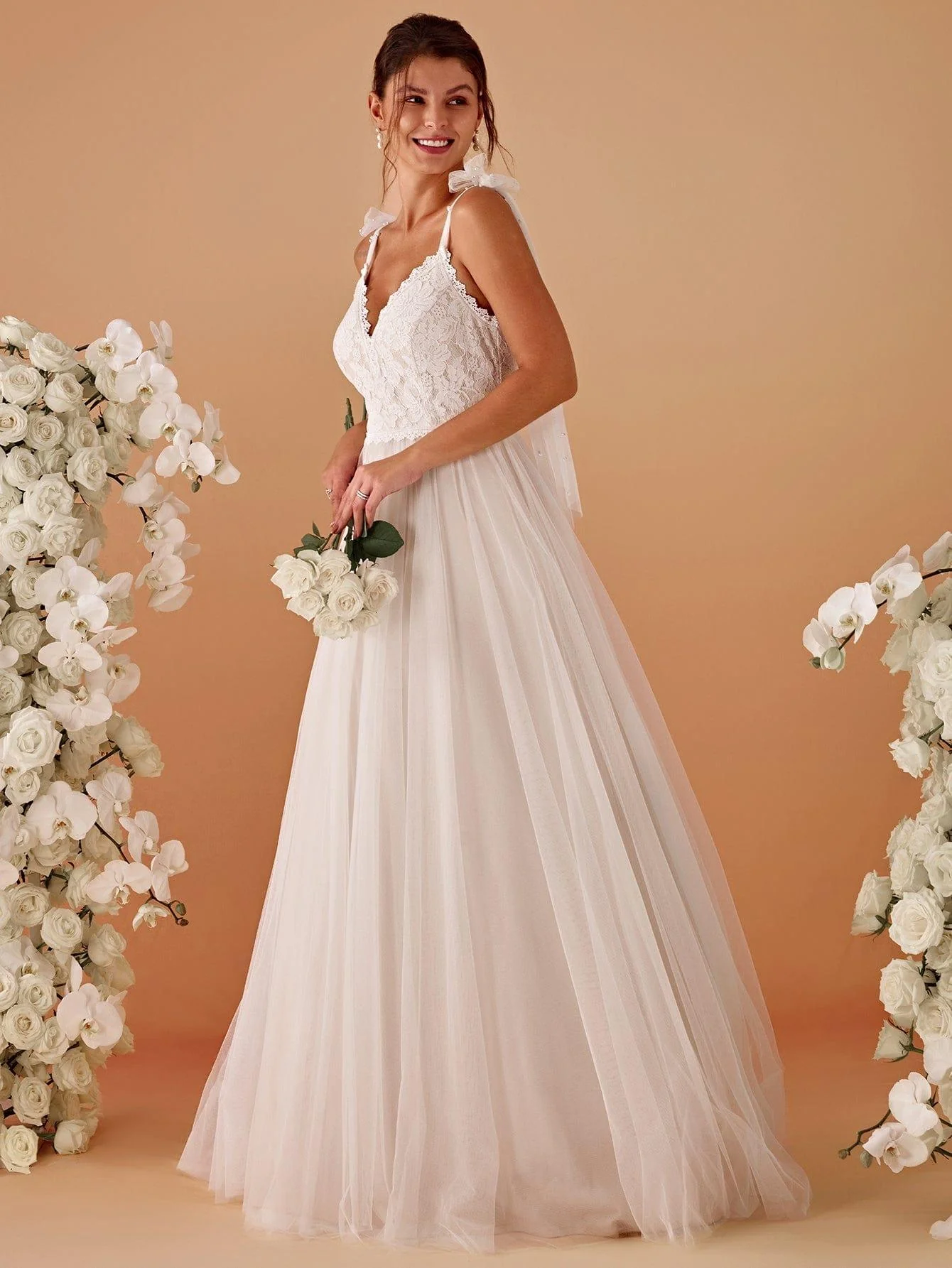 TAHIRA'S BRIDE|V-neck Lace Tulle Wedding Dress With Bow Straps - Image 4