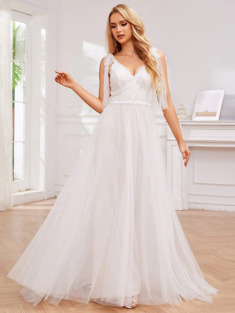TAHIRA'S BRIDE|V-neck Lace Tulle Wedding Dress With Bow Straps - Image 6