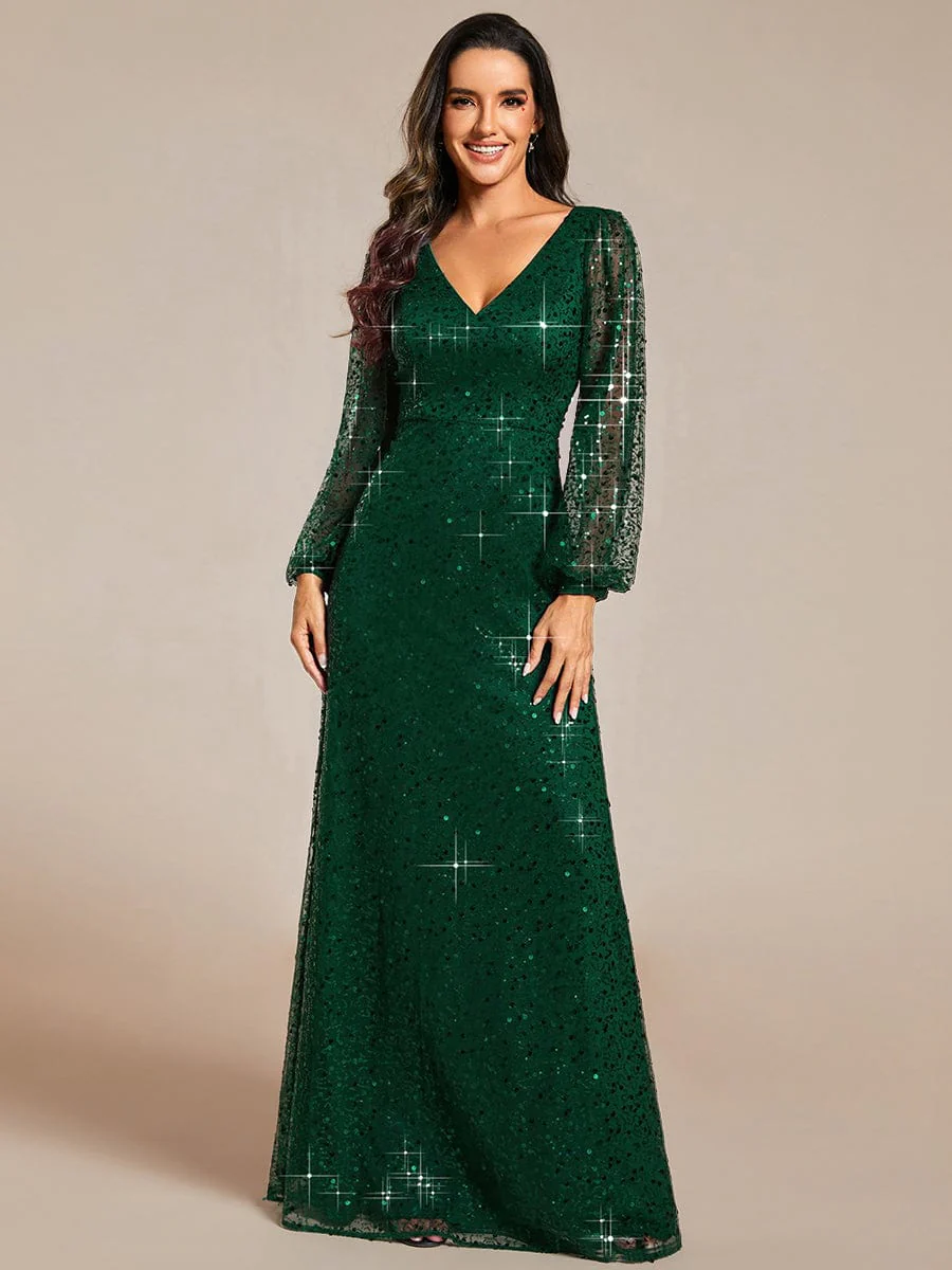 ever RAYVEN|V-Neck Lantern Long Sleeve Sequin A-Line Evening Dress - Image 32