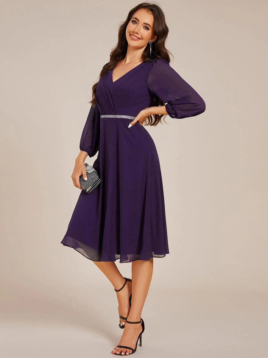 ever NYLAH|V-neck Long Sleeve Pleated Chiffon Midi Wedding Guest Dress - Image 13