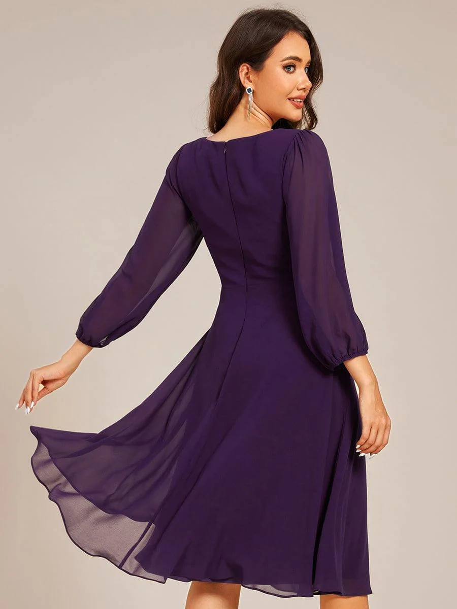 ever NYLAH|V-neck Long Sleeve Pleated Chiffon Midi Wedding Guest Dress - Image 14