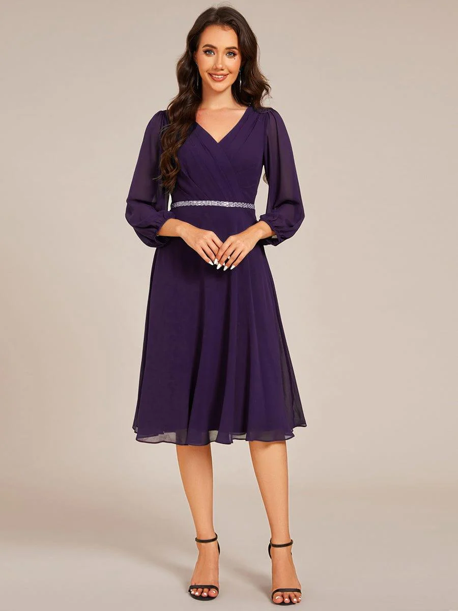 ever NYLAH|V-neck Long Sleeve Pleated Chiffon Midi Wedding Guest Dress - Image 16
