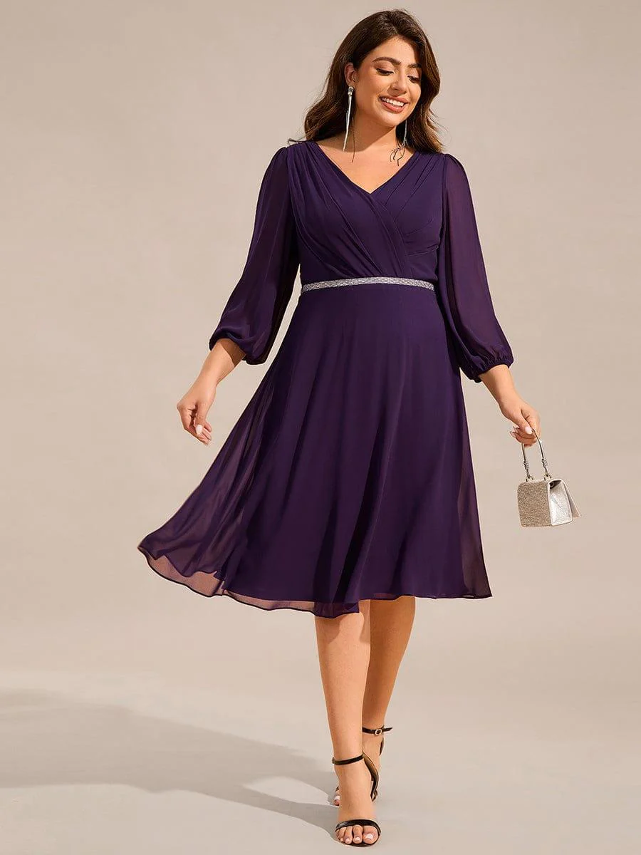 ever NYLAH|V-neck Long Sleeve Pleated Chiffon Midi Wedding Guest Dress - Image 18