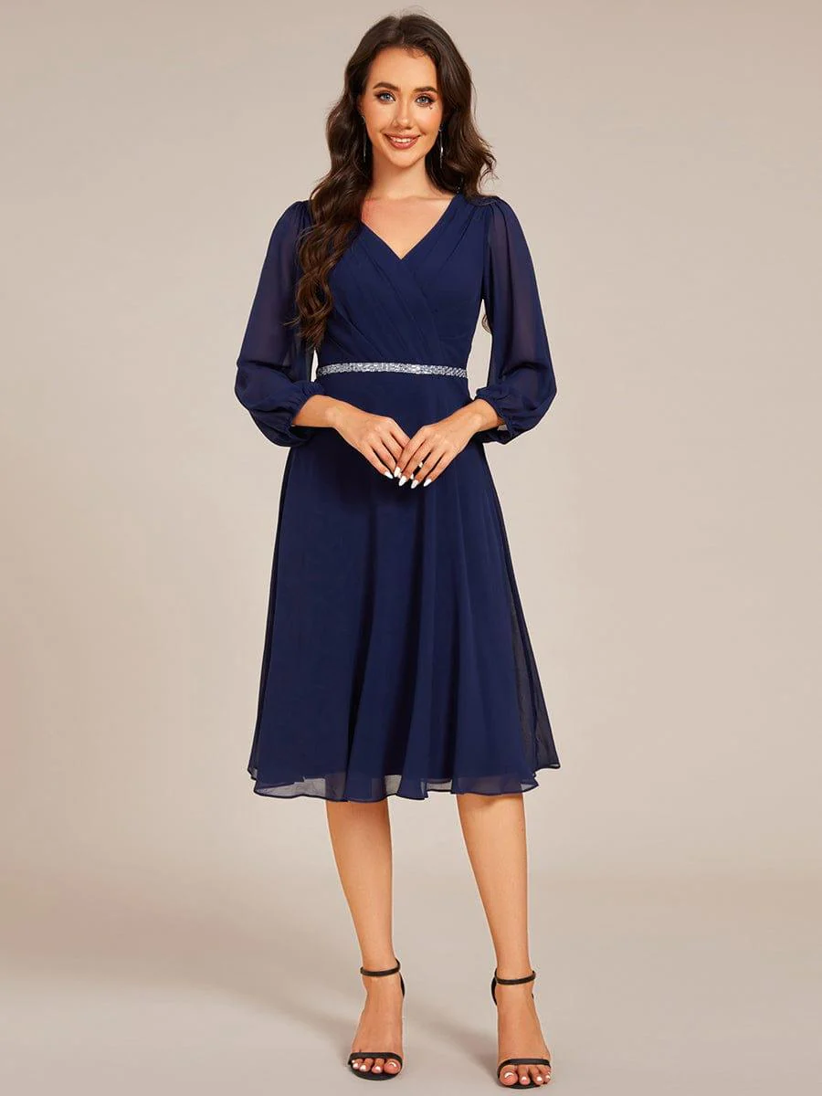 ever NYLAH|V-neck Long Sleeve Pleated Chiffon Midi Wedding Guest Dress - Image 25