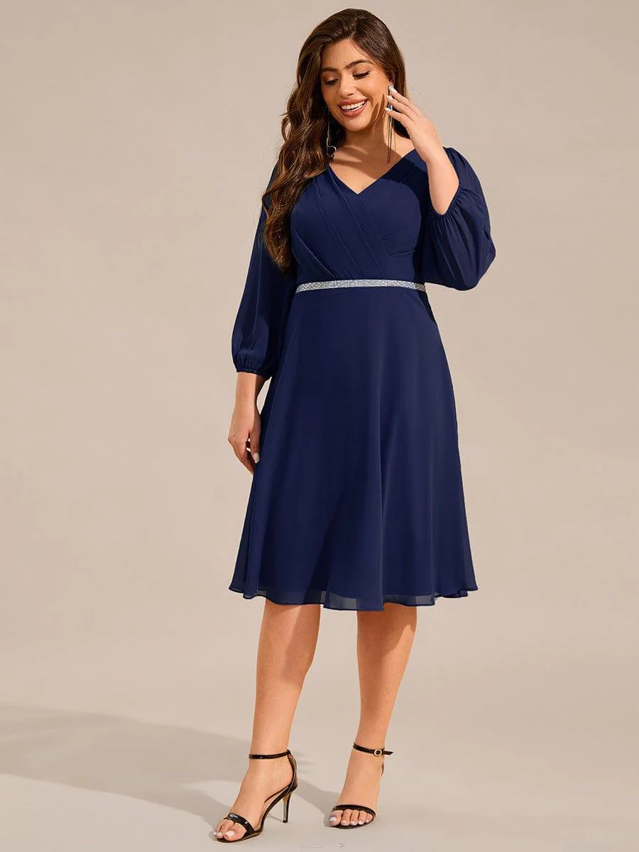 ever NYLAH|V-neck Long Sleeve Pleated Chiffon Midi Wedding Guest Dress - Image 30