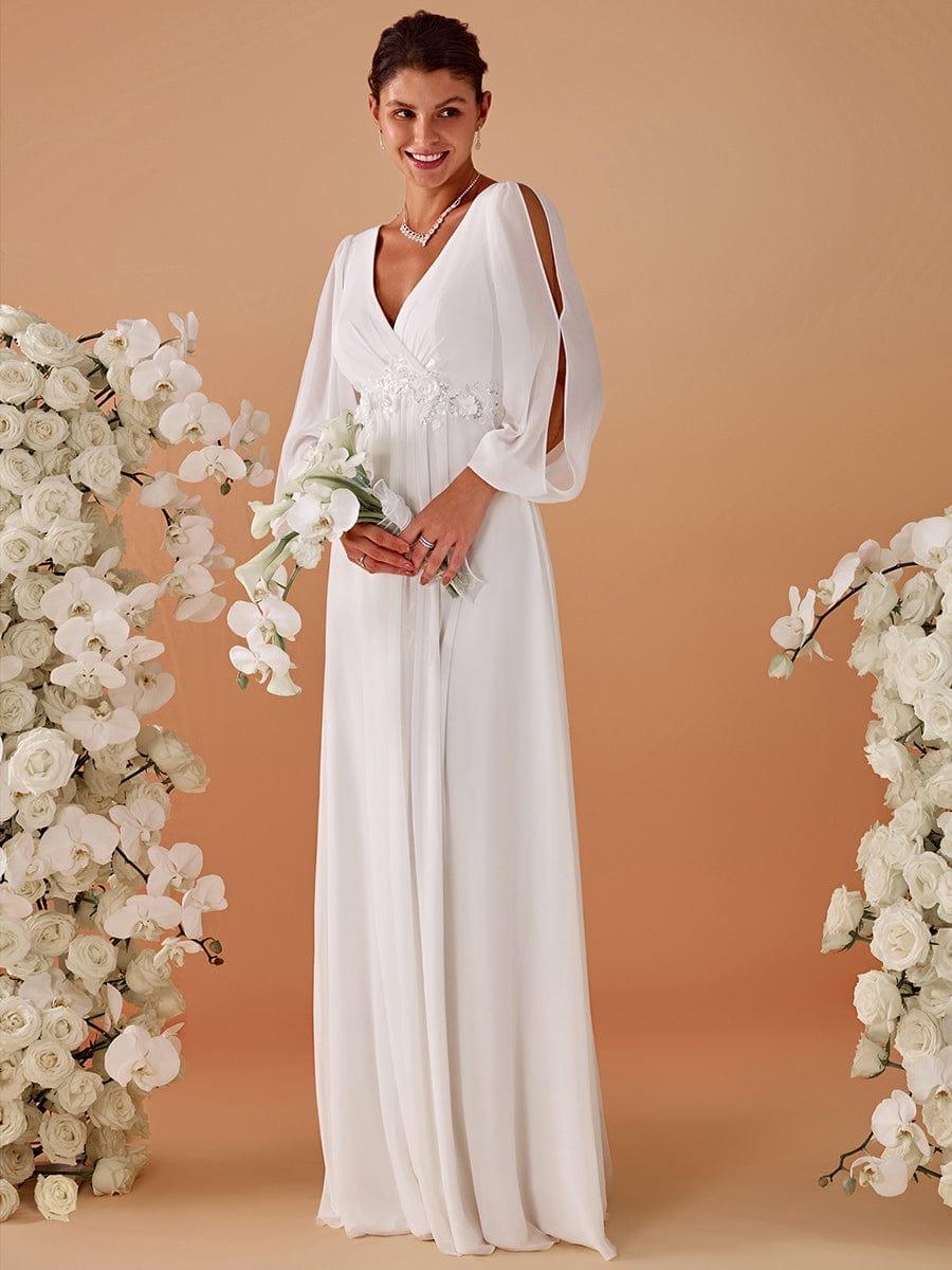 ever AMOUR|V-Neck Long Split Sleeve Empire Waist Applique Wedding Dress - Image 4