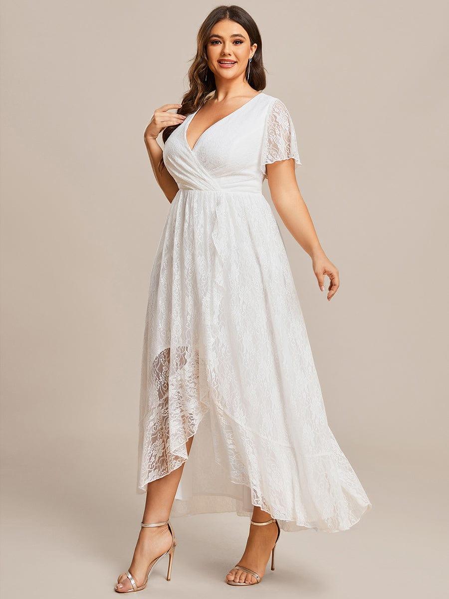 ever ELISE|V-Neck Short Sleeve Pleated Ruffled Lace Evening Dress - Image 22