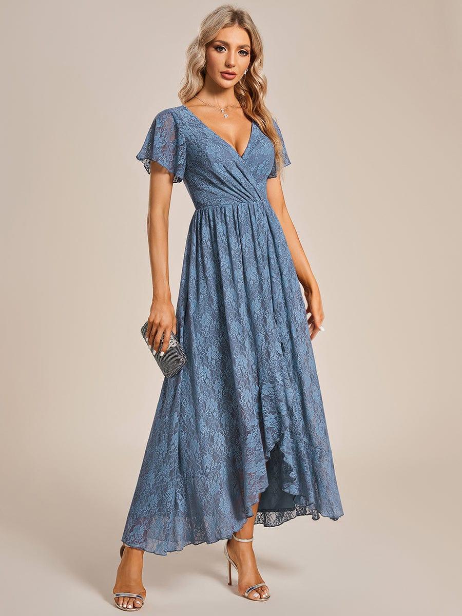 ever ELISE|V-Neck Short Sleeve Pleated Ruffled Lace Evening Dress - Image 66