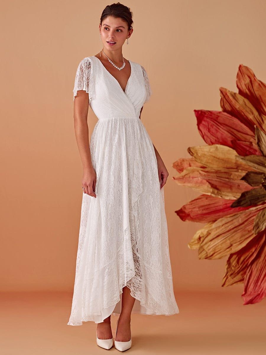 ever ELISE|V-Neck Short Sleeve Pleated Ruffled Lace Wedding Dress - Image 11