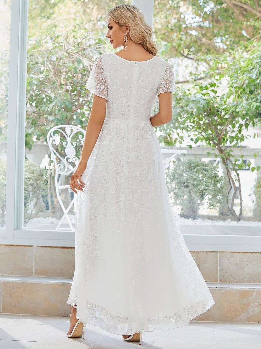 ever ELISE|V-Neck Short Sleeve Pleated Ruffled Lace Wedding Dress - Image 2