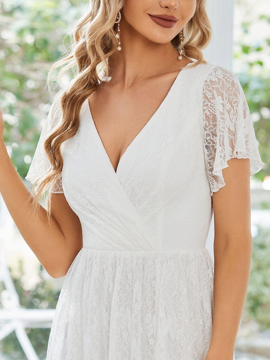 ever ELISE|V-Neck Short Sleeve Pleated Ruffled Lace Wedding Dress - Image 3