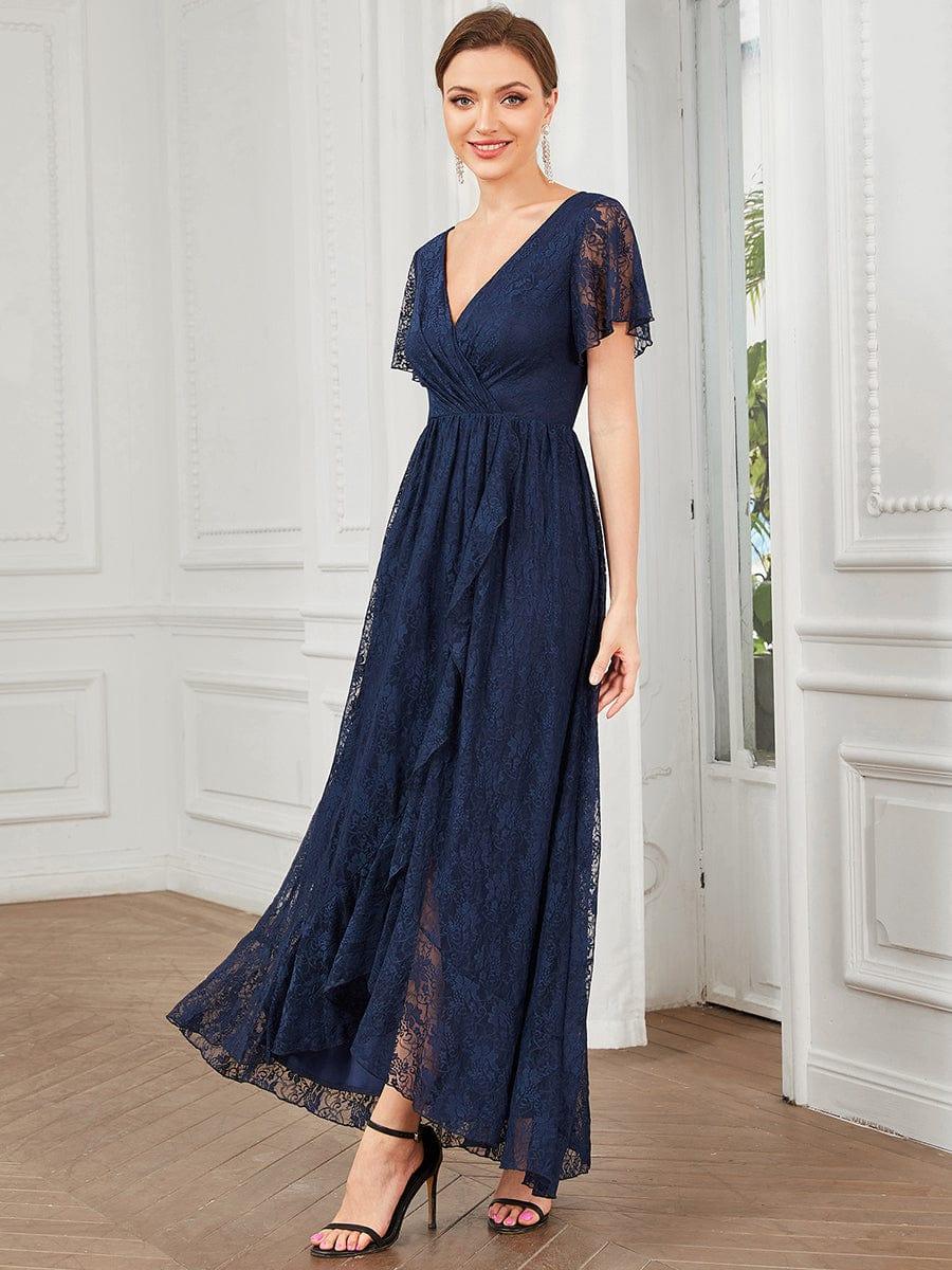 ever ELISE|V-Neck Short Sleeve Pleated Ruffled Lace Wedding Guest Dress - Image 4