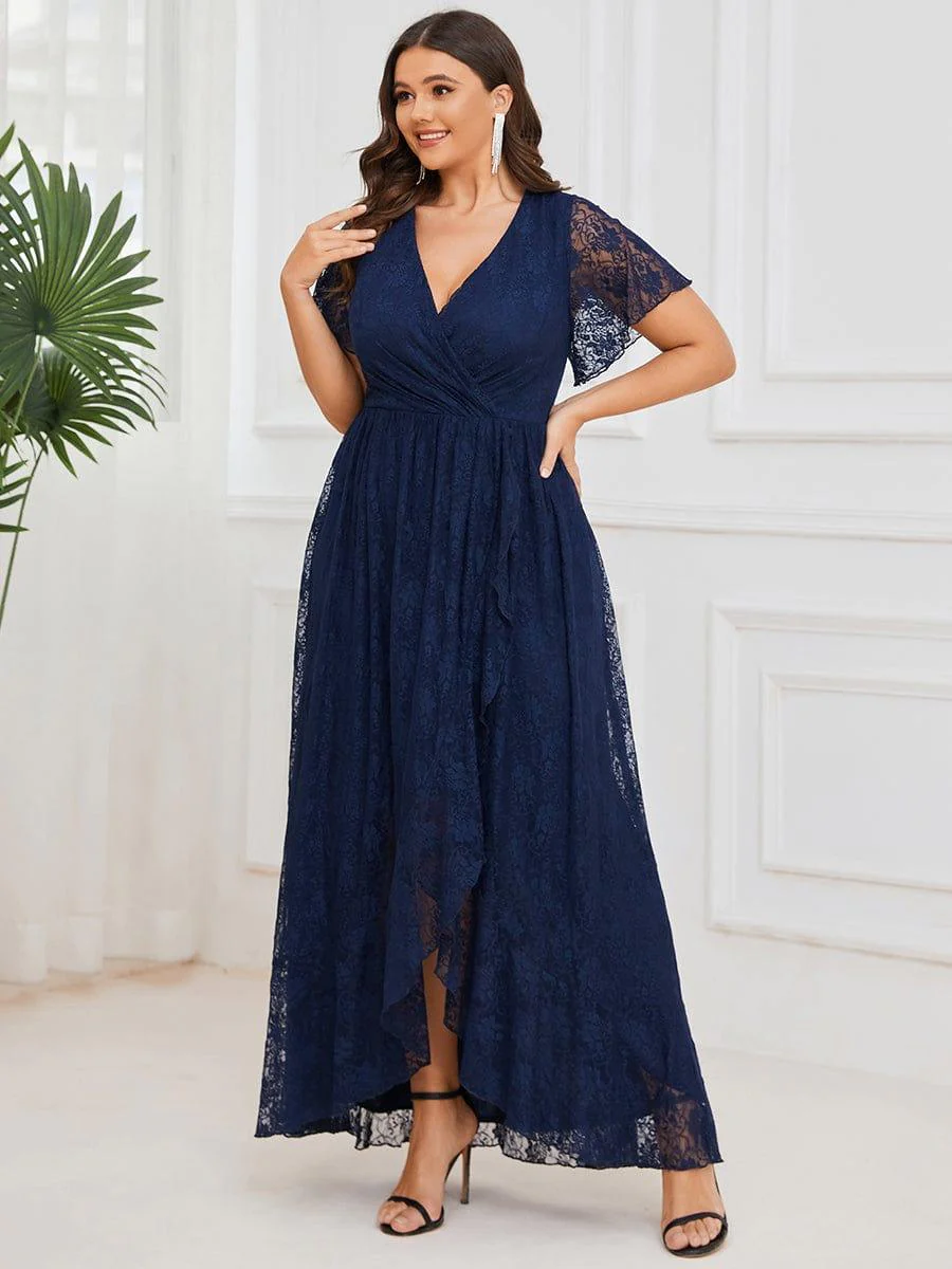 ever ELISE|V-Neck Short Sleeve Pleated Ruffled Lace Wedding Guest Dress - Image 5