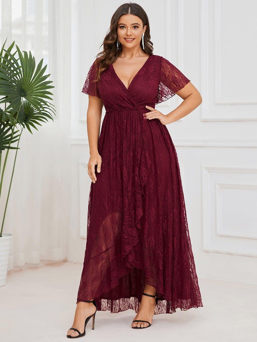 ever ELISE|V-Neck Short Sleeve Pleated Ruffled Lace Wedding Guest Dress - Image 58
