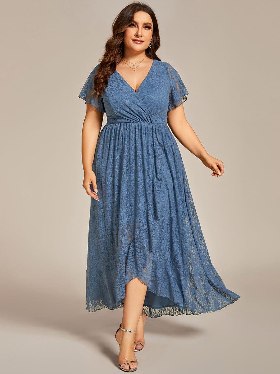 ever ELISE|V-Neck Short Sleeve Pleated Ruffled Lace Wedding Guest Dress - Image 66