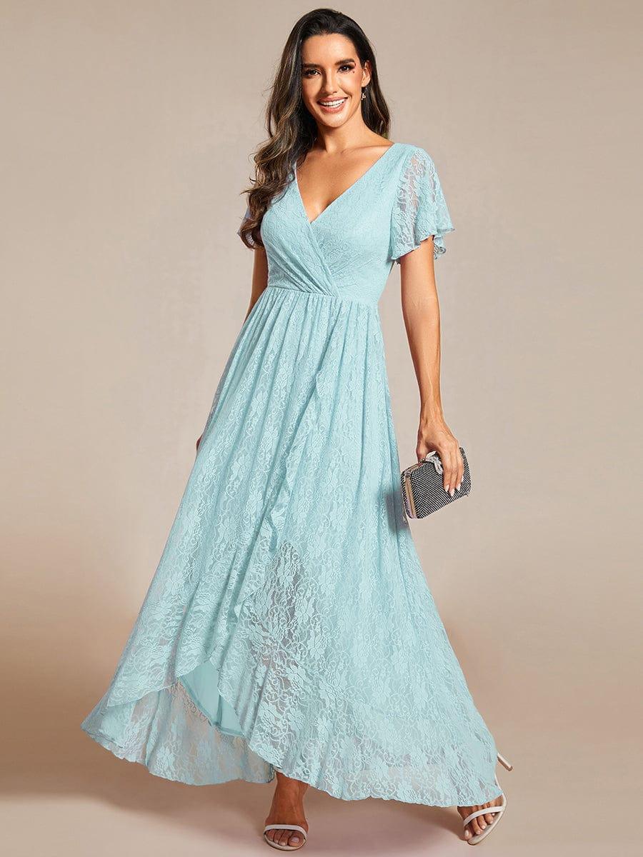 ever ELISE|V-Neck Short Sleeve Pleated Ruffled Lace Wedding Guest Dress - Image 97