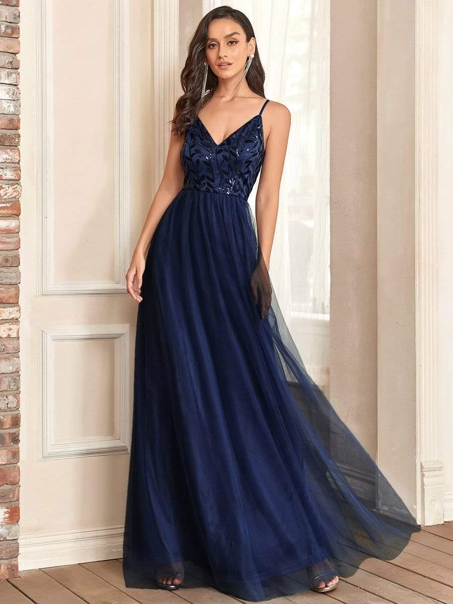 V Neck Spaghetti Strap Embroidered Floor Length Tulle Evening Dress(Final Sale) - Image 12