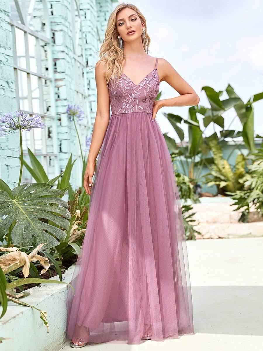 V Neck Spaghetti Strap Embroidered Floor Length Tulle Evening Dress(Final Sale) - Image 18