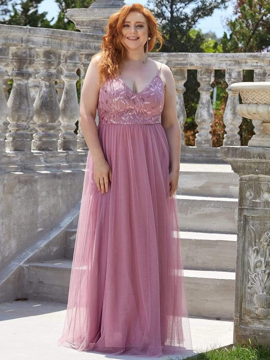 V Neck Spaghetti Strap Embroidered Floor Length Tulle Evening Dress(Final Sale) - Image 25