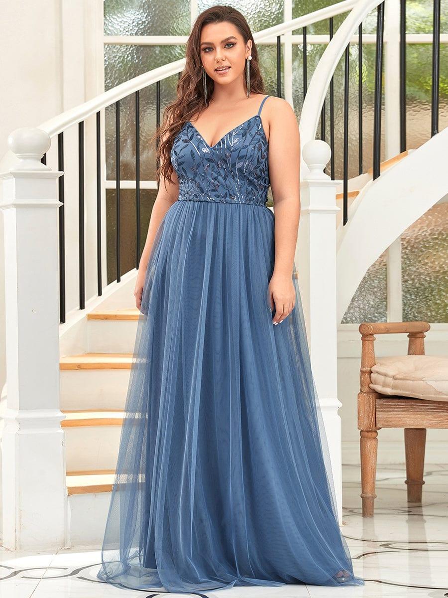 V Neck Spaghetti Strap Embroidered Maxi Tulle Wedding Guest Dress(Final Sale) - Image 12