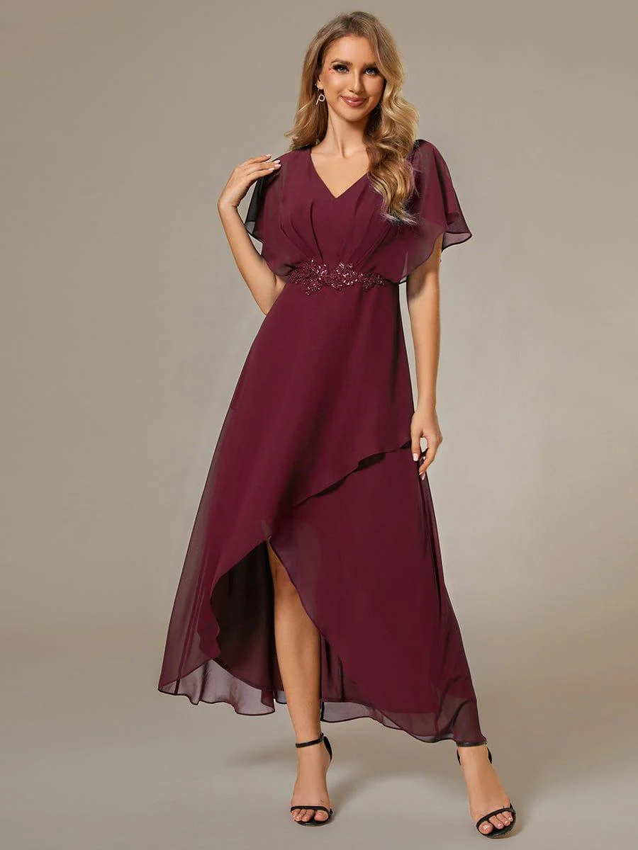 ever LILAS|Waist Applique A-Line Chiffon V-Neck Wedding Guest Dress - Image 33