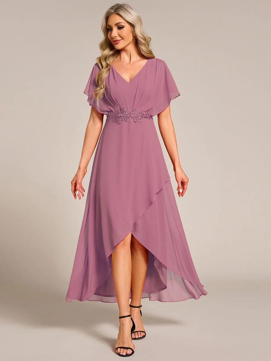 ever LILAS|Waist Applique A-Line Chiffon V-Neck Wedding Guest Dress - Image 52