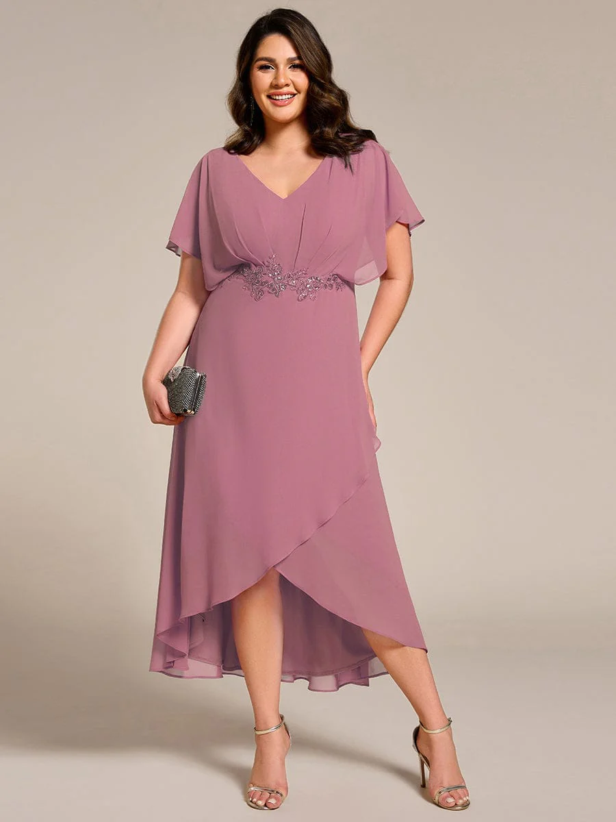 ever LILAS|Waist Applique A-Line Chiffon V-Neck Wedding Guest Dress - Image 60